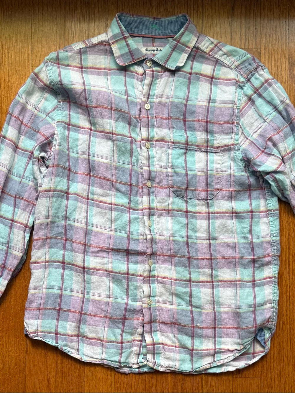 Tommy Bahama Light Mint & Lavender Plaid Linen Button-Up Shirt - Men's Casual